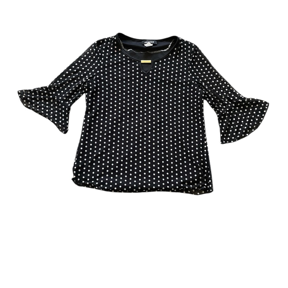 Ashley Blue Black and White Polka Dot Blouse with Bell Sleeves